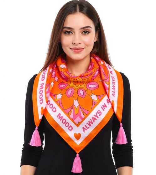 ZWILLINGSHERZ Always in a good mood square scarf with statement print and ornaments, fashion scarf 3016Q-0209-5 pink/orange