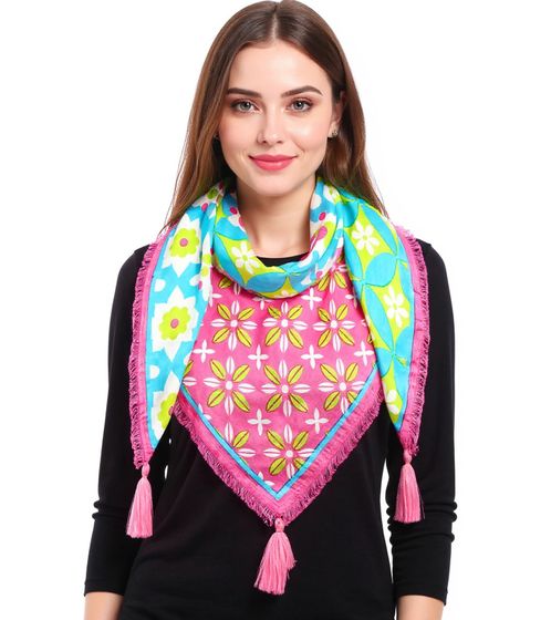 ZWILLINGSHERZ Summer Vibes Square Scarf with Flowers and Ornaments Fashion Scarf 3016Q-0609-73 Turquoise/Pink/Multicolored