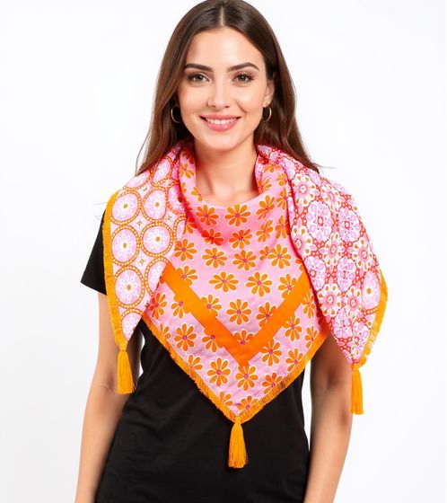ZWILLINGSHERZ Pricilla Square Scarf with Flowers and Ornaments in a Retro Design, Fashion Scarf 3016Q-1008-6 Orange/Multicolored