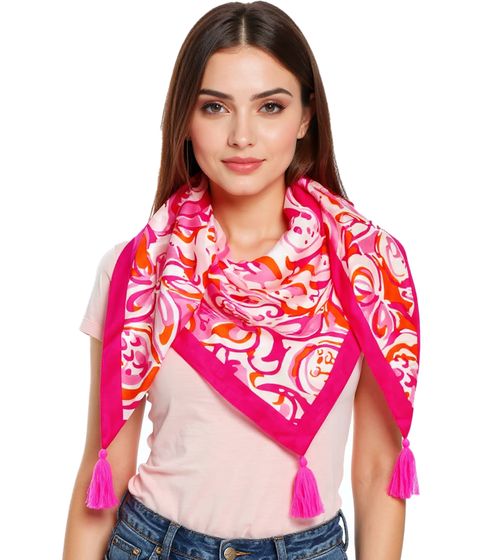 ZWILLINGSHERZ Watercolor Print Triangular Scarf with Flowers and Ornaments Fashion Scarf 3014D-0204-13 Pink/Orange/White