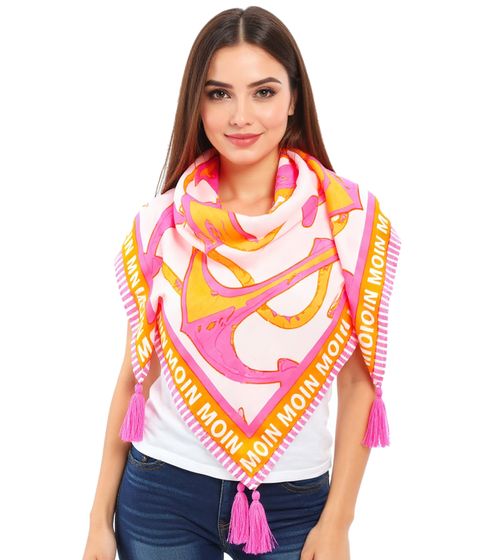 ZWILLINGSHERZ Ocean Square Scarf with Anchors and Moin Moin Lettering, Fashion Scarf 3016Q-0208-52 Pink/Orange