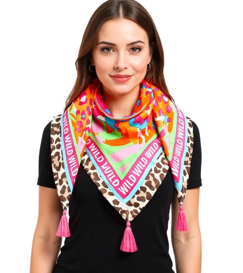 ZWILLINGSHERZ Square Scarf with Animal Print and WILD Lettering, Fashion Scarf 3016Q-0208-20 Pink/Multicolored