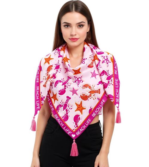 ZWILLINGSHERZ Beach Life Triangle Scarf with Crabs, Starfish, and Statement Print, Fashion Scarf 3014D-0703-22 Pink/Rose