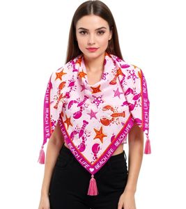 ZWILLINGSHERZ Beach Life Triangle Scarf with Crabs, Starfish, and Statement Print, Fashion Scarf 3014D-0703-22 Pink/Rose ZWILLINGSHERZ Beach Life Triangle Scarf with Crabs, Starfish, and Statement Print, Fashion Scarf 3014D-0703-22 Pink/Rose