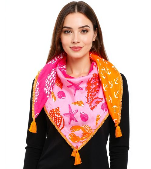 ZWILLINGSHERZ Sea Happiness Square Scarf with Maritime Motifs, Fashion Scarf 3016Q-0609-90 Orange/Pink/Multicolored