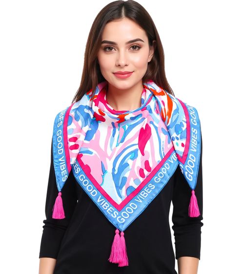 ZWILLINGSHERZ Floral Dream Square Scarf with Flowers and Good Vibes Only Print Fashion Scarf 3016Q-0208-86 Blue/Pink/White