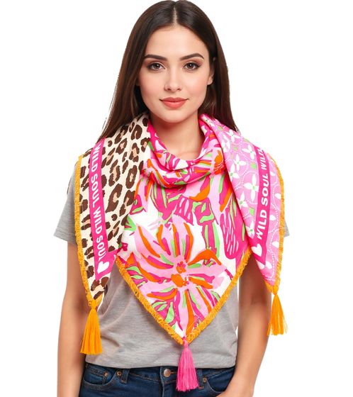 ZWILLINGSHERZ Wild Summer Jungle Square Scarf with Animal Print and WILD SOUL Lettering Fashion Scarf 3016Q-0609-21 Pink/Orange/Multicolored