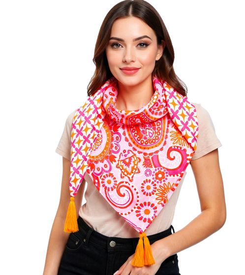 ZWILLINGSHERZ Happy Paisley Square Scarf with Flowers and Ornaments in a Retro Design, Fashion Scarf 3016Q-0208-22 Orange/Pink
