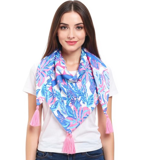 ZWILLINGSHERZ Hawaiian Flower Square Scarf with Flowers and Ornaments, Fashion Scarf 3016Q-2907-84 Blue/Pink/Multicolored