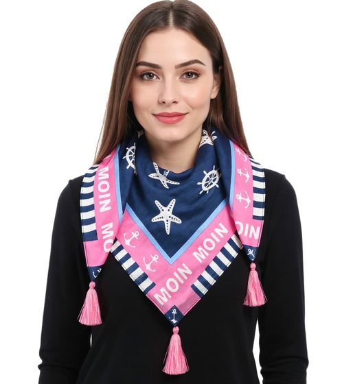 ZWILLINGSHERZ Anchor Moin Square Scarf with Anchors and Moin Lettering, Fashion Scarf 3016Q-0209-11 Pink/Blue/White