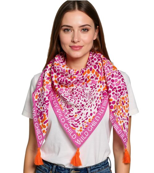 ZWILLINGSHERZ Leo Head Triangular Scarf with Animal Print and Wild Child Lettering, Fashion Scarf 3014D-0107-13 Pink/Orange