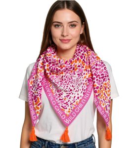 ZWILLINGSHERZ Leo Head Triangular Scarf with Animal Print and Wild Child Lettering, Fashion Scarf 3014D-0107-13 Pink/Orange ZWILLINGSHERZ Leo Head Triangular Scarf with Animal Print and Wild Child Lettering, Fashion Scarf 3014D-0107-13 Pink/Orange