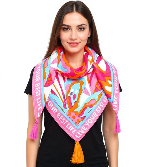 ZWILLINGSHERZ Best Life Square Scarf with Statement Print and Abstract Flowers Fashion Scarf 3016Q-2907-51 Pink/Orange/Multicolored
