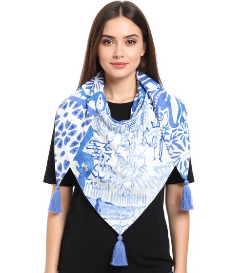 ZWILLINGSHERZ Blue Happiness Triangular Scarf with Flowers and Ornaments, Fashion Scarf 30014-18 Light Blue/White