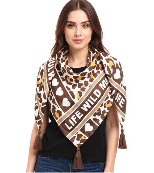 ZWILLINGSHERZ Life Wild Triangular Scarf with Animal Print and Wild Lettering, Fashion Scarf 30015-32 Brown/Beige