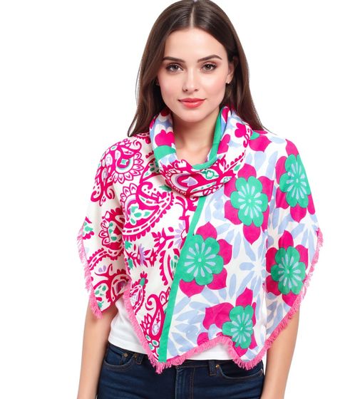 ZWILLINGSHERZ Be Happy and Smile Triangular Scarf with Flowers and Ornaments Fashion Scarf 3014D-0204-64 Pink/Blue/Green
