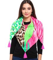 ZWILLINGSHERZ Leopard im Dschungel Dreiecks-Tuch mit Animal-Print und Blättern Mode-Tuch 3014D-3010-14 Pink/Grün/Bunt