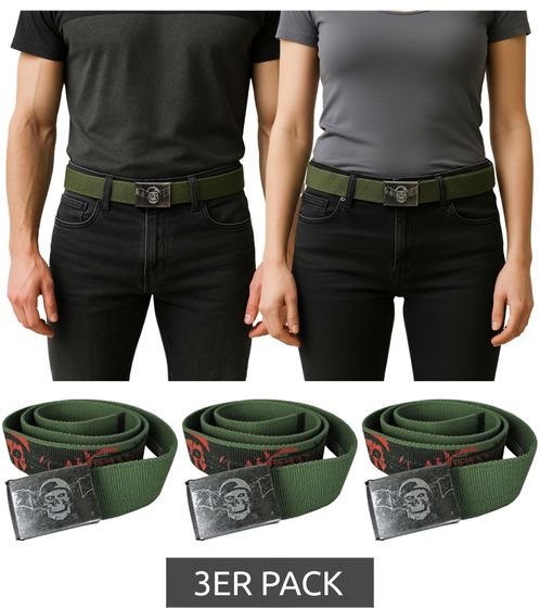 Pack of 3 Avenged Sevenfold A7X belts from the metal band. Fabric belt featuring a skull with a steel helmet and bat wings. Everyday belt for men and women. Approx. 126 cm with band lettering. BT111786ASF0 Olive Green.