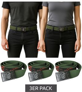 Lot de 3 ceintures Avenged Sevenfold A7X du groupe de métal. Ceinture en tissu ornée d'une tête de mort avec un casque d'acier et des ailes de chauve-souris. Ceintures pour hommes et femmes au quotidien. Environ 126 cm, Vert Olive. Lot de 3 ceintures Avenged Sevenfold A7X du groupe de métal. Ceinture en tissu ornée d'une tête de mort avec un casque d'acier et des ailes de chauve-souris. Ceintures pour hommes et femmes au quotidien. Environ 126 cm, Vert Olive.
