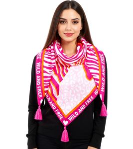 Foulard triangulaire ZWILLINGSHERZ Wild Zebra, imprimé animal et inscription, foulard tendance 3014D-0204-22 Rose/Orange/Blanc Foulard triangulaire ZWILLINGSHERZ Wild Zebra, imprimé animal et inscription, foulard tendance 3014D-0204-22 Rose/Orange/Blanc