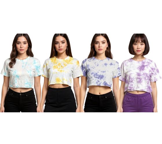 Crop top tie-dye ZEGY pour femme, t-shirt en coton 1075 en blanc/violet, blanc/jaune, blanc/rose ou blanc/bleu