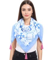 ZWILLINGSHERZ Antike Dreiecks-Tuch mit Ornamenten und Fransen Mode-Tuch 3014D-3010-87 Blau/Pink/Weiß