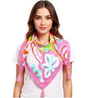 ZWILLINGSHERZ Farbenfrohes Muster Dreiecks-Tuch mit Blumen und Tasseln Mode-Tuch 3014D-0107-21 Pink/Grün/Bunt