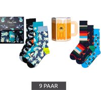 9 paia di calzini in cotone Happy Socks in confezione regalo "Polar Edition" con orsi polari, pinguini e balene in blu/blu navy/nero o "Sausage & Beer" con salsiccia, birra e righe in blu/blu navy/rosso