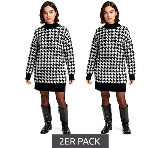 Lot de 2 robes en maille à motif pied-de-poule pour femme, mini-robe à manches longues et col montant, 914658, noir/blanc