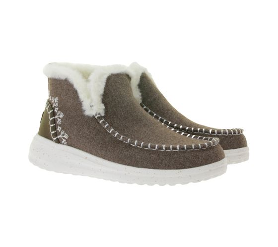 HEY DUDE Denny Faux Women's Slip-On Ankle Boots with Faux Shearling Lining and Removable Footbed 40208-267 Brown