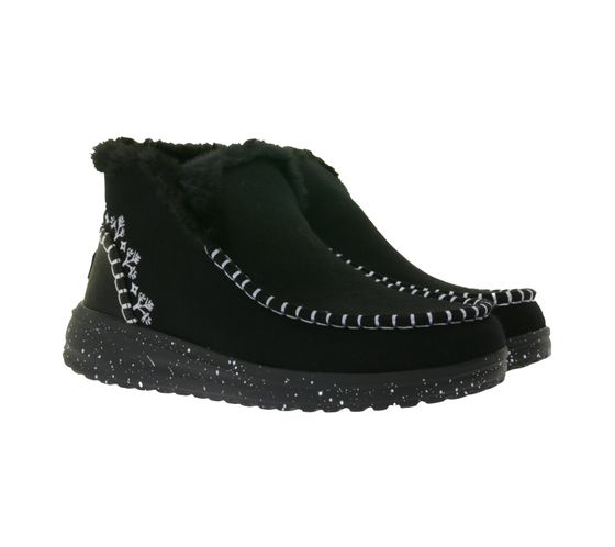 HEY DUDE Denny Faux Women's Slip-On Ankle Boots with Faux Lambskin Lining and Removable Footbed 40208-001 Black