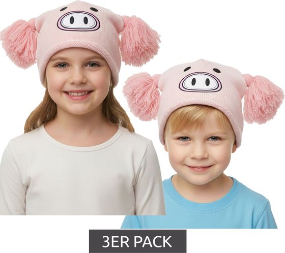 3-Pack Value Pack: Piglet Beanie Hat for Teens with Pom Poms and a Cute Face on the Front BE170080PLW Pink