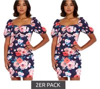 Lot de 2 robes d'été pour femme à imprimé floral intégral, mini-robe à manches bouffantes, robe décontractée 931070 Bleu/Multicolore