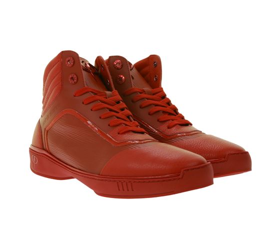 Sneakers alte PHINOMEN da uomo e da donna, fatte a mano in Italia con finitura Saffiano, in vera pelle, rosse