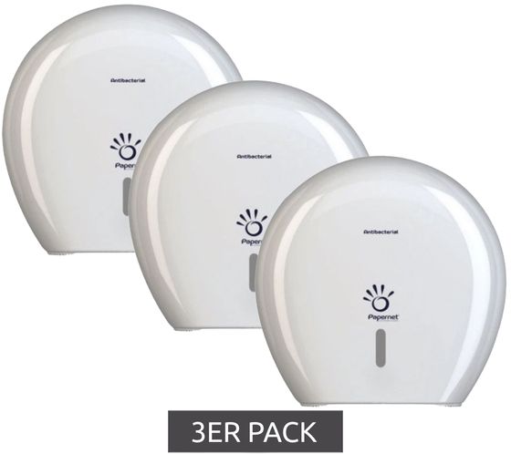 Dispensador de papel higiénico Papernet, paquete de 3, antibacteriano para rollos Maxi Jumbo con tecnología Defend Tech, paquete económico 416146 blanco
