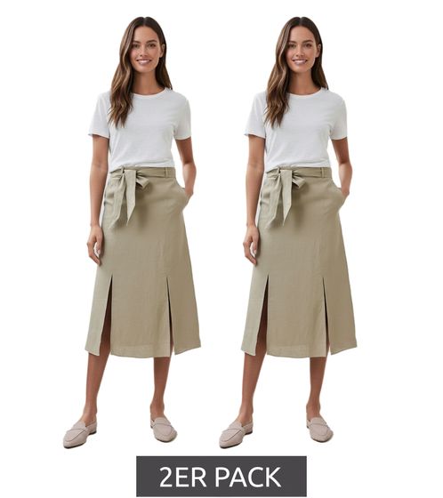 Lot de 2 jupes d'été romantiques pour femme, en pur lin, avec ceinture à nouer, jupe midi, 927542, kaki