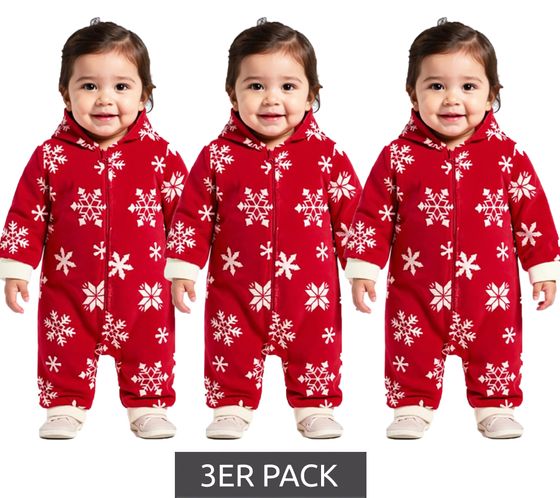 Pack económico de 3 monos para bebé, mono de forro polar con capucha, diseño de copos de nieve y cremallera, 954927 rojo/blanco