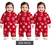 Lot de 3 combinaisons, salopette enfant, combinaison polaire à capuche, motif flocon de neige avec fermeture éclair, combinaison bébé 954927 rouge/blanc