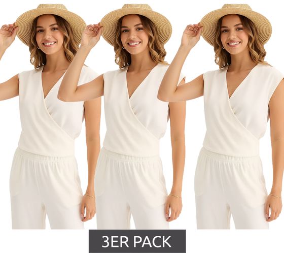 Confezione da 3 magliette da donna in puro cotone biologico, top estivo, top avvolgente, 954546 beige