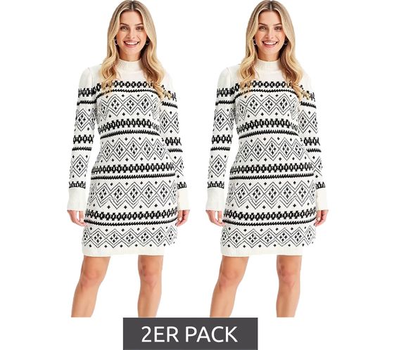 Lot de 2 mini-robes à col roulé en maille Fair Isle pour femme, manches longues, 946814, blanc