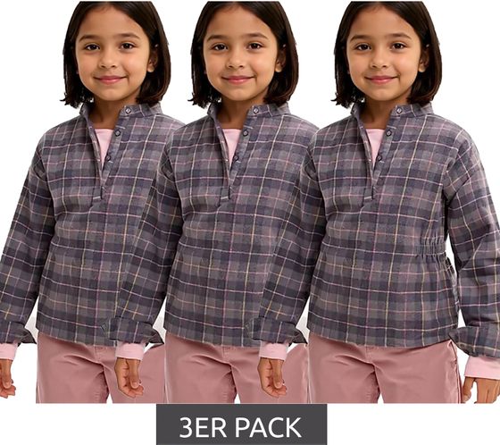 3er Sparpack Kinder Flanell-Bluse für Mädchen Baumwoll-Shirt mit Raffung an der Taille mit Knopfverschluss 930775 Grau/Rosa