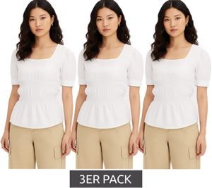 3er Pack Damen Bluse mit Puffärmeln Baumwoll-Bluse Sommer-Top Kurzarm-Shirt Sparpack 961520 Weiß