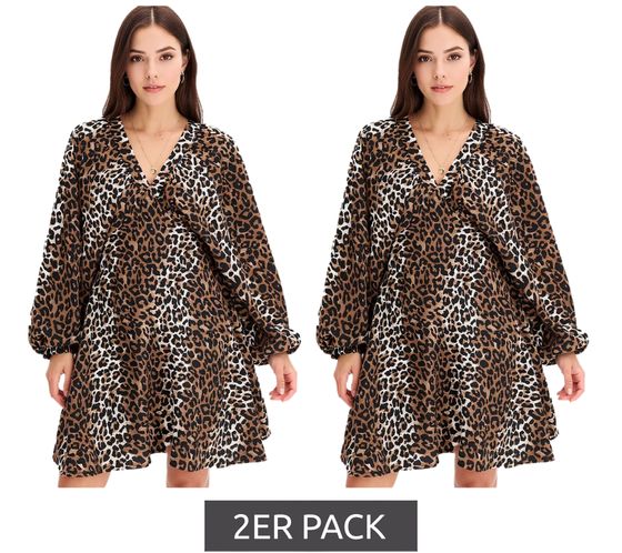 2er Pack wildes Damen Sommer-Kleid Animalprint-Kleid mit Ballonärmeln kurzes Mini-Kleid Sparpack 973887 Braun