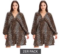 Lot de 2 robes d'été Wild pour femme, robe à imprimé animalier avec manches ballon, mini-robe courte, lot économique 973887 Marron