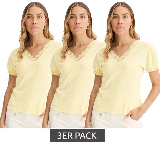 3er Sparpack Damen T-Shirt mit dekorativen Elementen Kurzarm-Shirt 919297 Gelb
