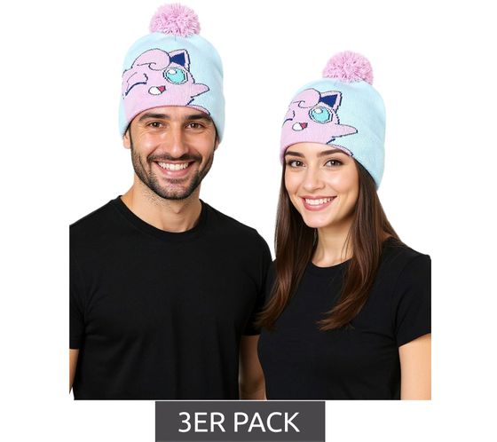3-Pack Value Pack POKEMON Beanie with Pom Pom in Jigglypuff Design Gaming Hat Knitted Beanie Fan Merchandise KC160211POK Blue/Pink
