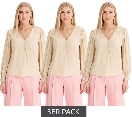 Confezione Risparmio da 3: Maglia da donna a maniche lunghe con scollo a V in raso, adatta a tutti i giorni, 946373 Beige
