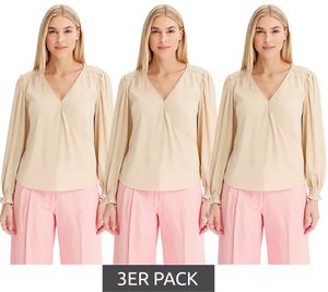 3er Sparpack Damen Longsleeve mit V-Ausschnitt Satin-Tunika Alltags-Pullover 946373 Beige