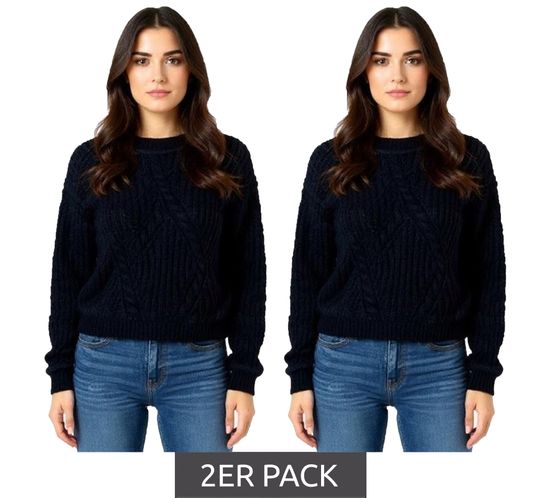 2er Sparpack Damen Strick-Pullover mit Rundhals-Ausschnitt Alltags-Pullover Sweater 926124 Schwarz