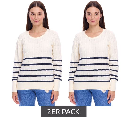 2er Sparpack DELMAO Damen Strick-Pullover gestreifter Baumwoll-Pulli Zopfstrick 94622740 Wollweiß/Navy 